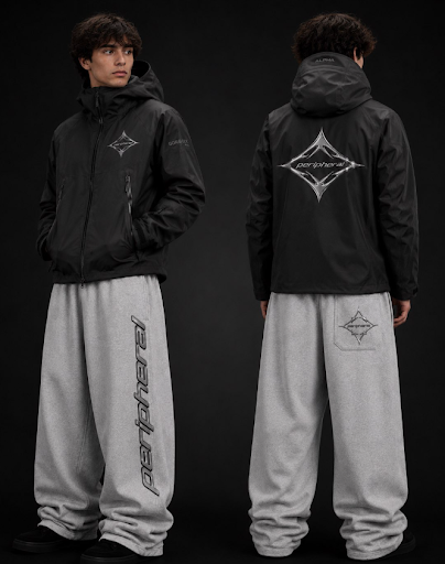 Model wearing the Peripheral shell jacket and sweatpant set, front and back view, in black and heather grey