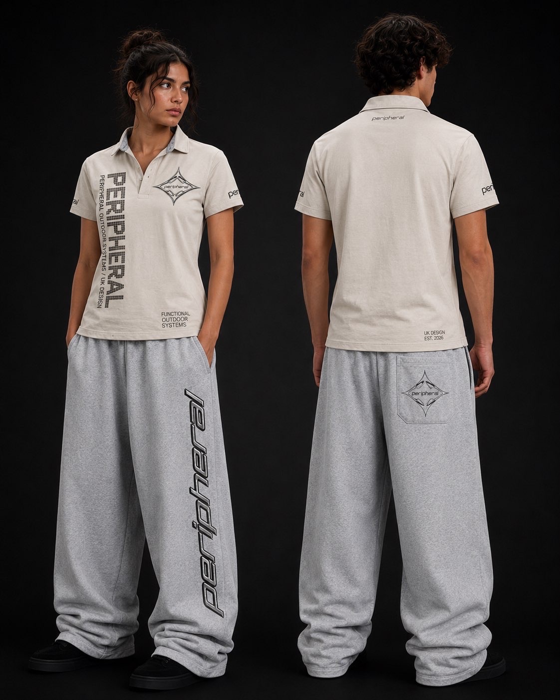 Model wearing the Peripheral polo shirt in stone with heather grey sweatpants, front and back view